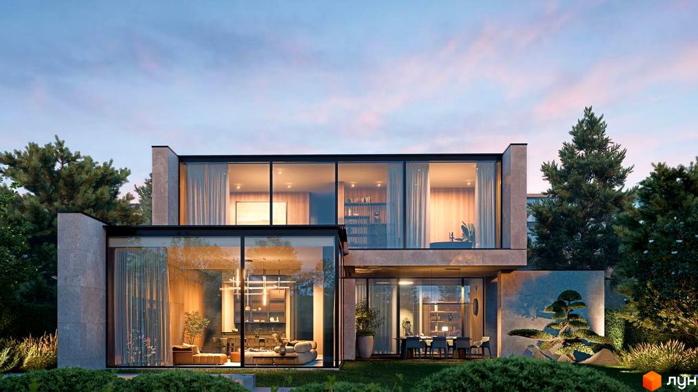 Lion Hills Villas – двоповерховий будинок з панорамними вікнами та ландшафтним дизайном. Навколо будинку зелені насадження та доглянутий сад.