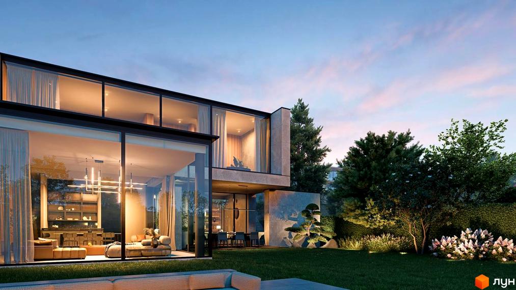 Lion Hills Villas - сучасний будинок з панорамними вікнами та доглянутою прибудинковою територією з ландшафтним дизайном.