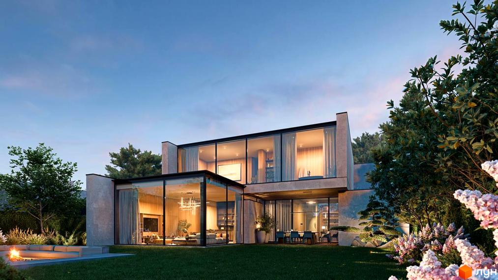 Lion Hills Villas - сучасний житловий комплекс із великими панорамними вікнами та доглянутою прибудинковою територією з ландшафтним дизайном.