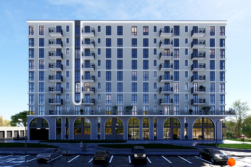 Сучасний житловий комплекс Perfect House з балконами та великими вікнами. Навколо будинку облаштований паркінг та зелена зона.