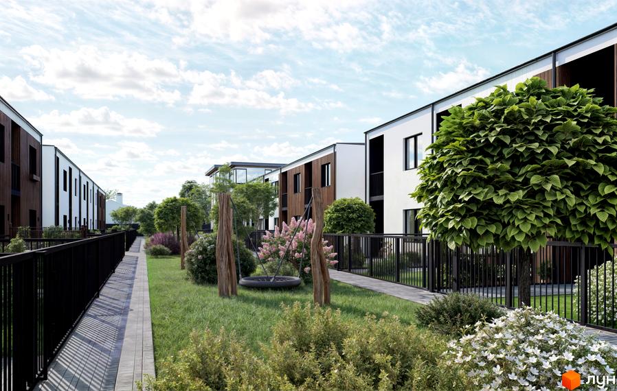 Зовнішній вигляд будинків житлового комплексу QSide з дерев'яними та білими фасадами. Прибудинкова територія з газоном, деревами, кущами та дитячим майданчиком.