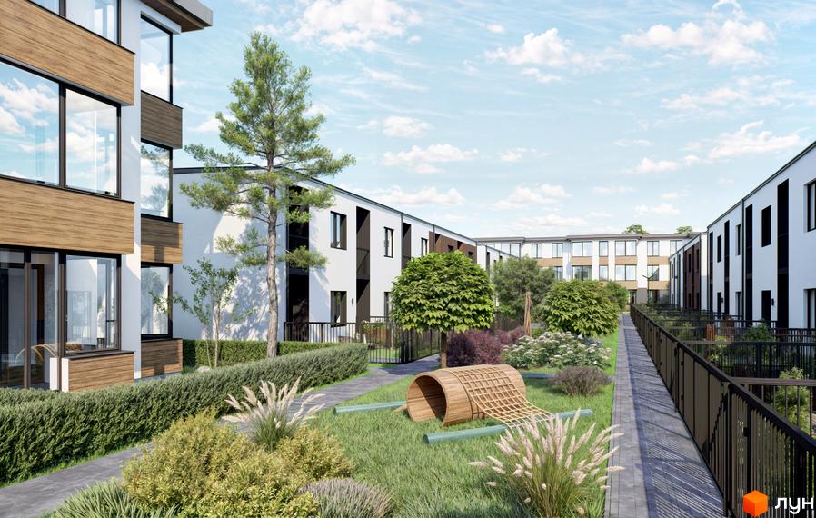 QSide: сучасний житловий комплекс з білими фасадами та дерев'яними елементами. Прибудинкова територія з газоном, кущами та дитячим майданчиком.
