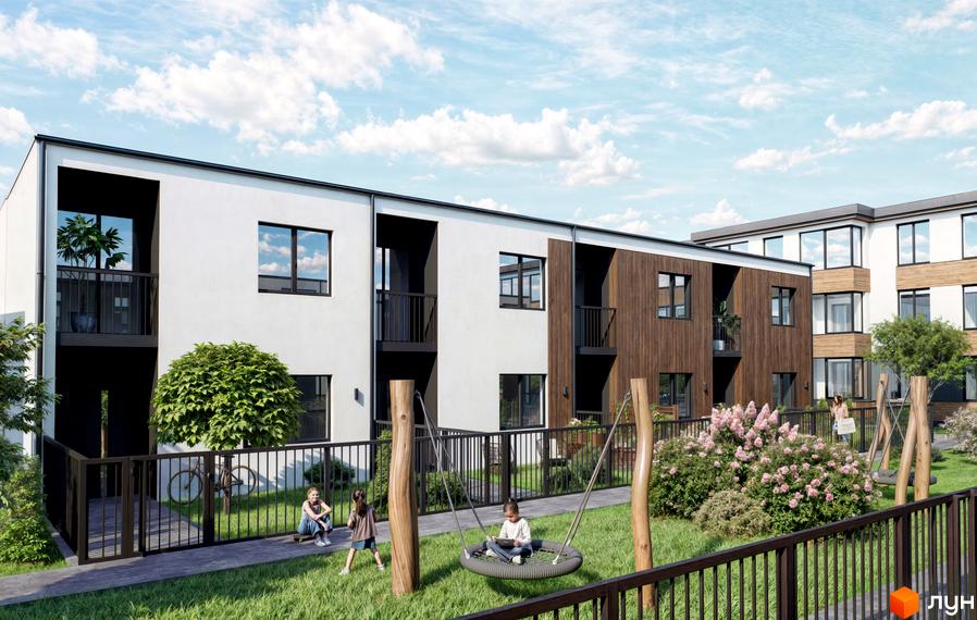 Зовнішній вигляд житлового комплексу QSide з білою та дерев'яною обшивкою, балконами та великими вікнами. Прибудинкова територія з дитячим майданчиком, зеленою травою та кущами.