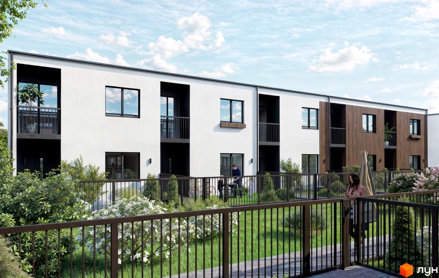 Зовнішній вигляд новобудови QSide з білими та дерев'яними фасадами, балконами та вікнами. На прибудинковій території зелені насадження та огорожа.