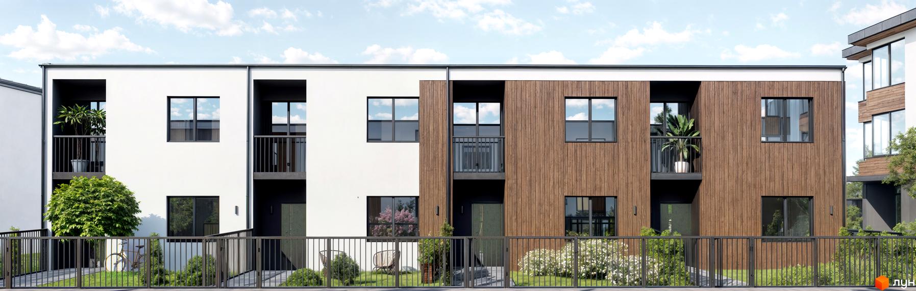 Зовнішній вигляд житлового комплексу QSide з білими та дерев'яними фасадами, балконами та вікнами. На прибудинковій території видно паркан, зелені насадження та велосипед.