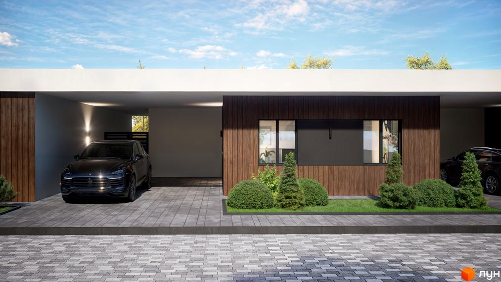 Сучасний будинок з дерев'яним фасадом та двома автомобілями на прибудинковій території. Навколо будинку зелені насадження та доглянутий газон.