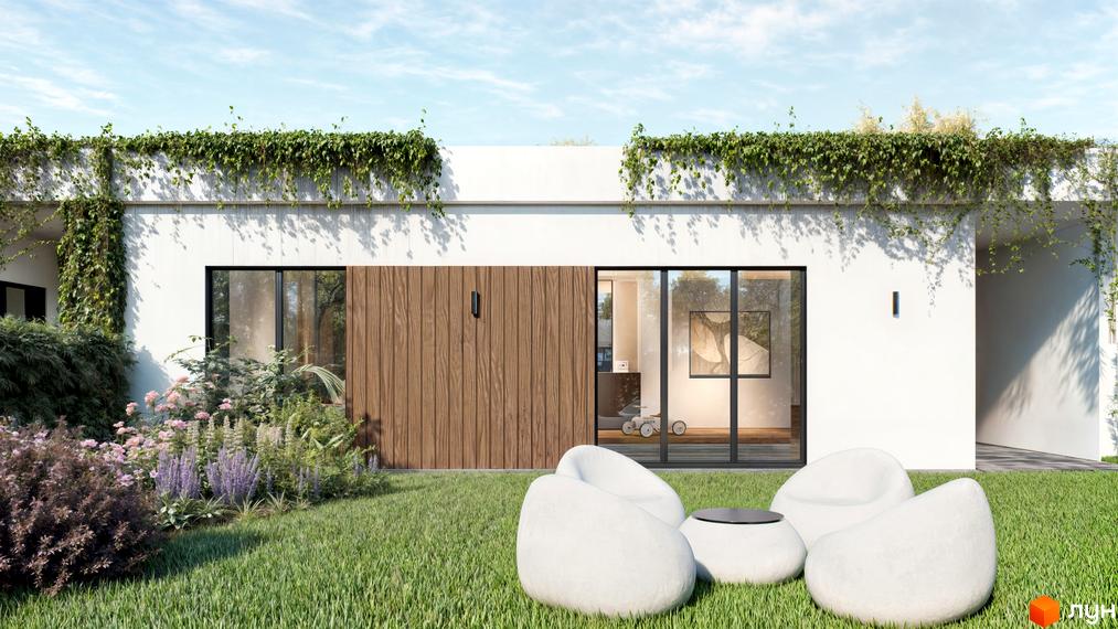 QSide: білий будинок з дерев'яними елементами та зеленню, зелений газон з білими кріслами та столиком.