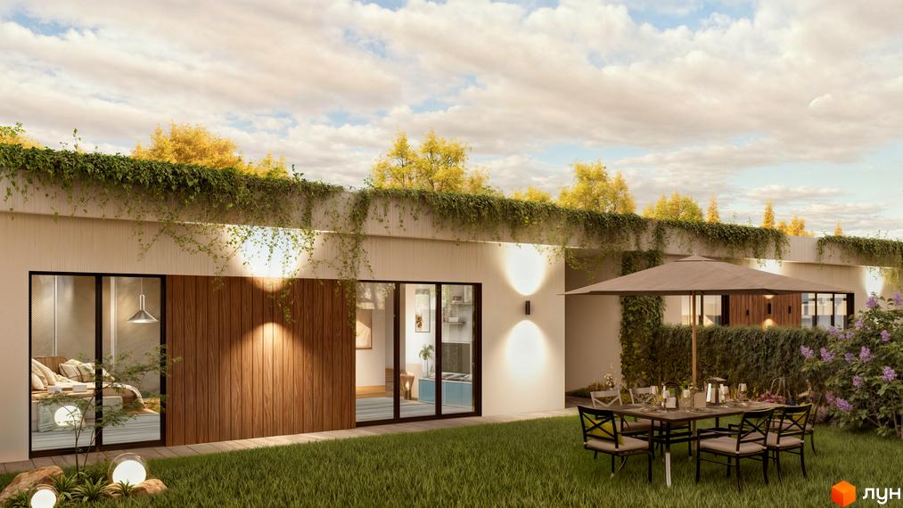 Зовнішній вигляд новобудови QSide з зеленим дахом та терасою з обіднім столом і парасолькою. Прибудинкова територія з газоном та рослинами.