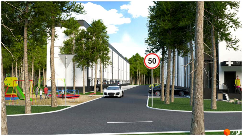 Зображення житлового комплексу. Білі будинки з темним дахом, дорога з автомобілями, дитячий майданчик, дерева та зелена територія.