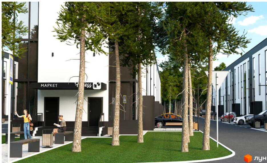 Таунхауси Аура Парк: біло-чорні будівлі з великими вікнами та комерційним приміщенням. Прибудинкова територія з газоном, деревами, лавками та парковкою.