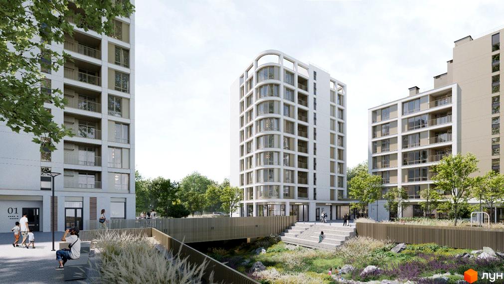 Житловий комплекс ШЕЛЕСТ складається з кількох багатоповерхових будинків з великими вікнами та балконами. Навколо облаштована зелена територія з пішохідними зонами.