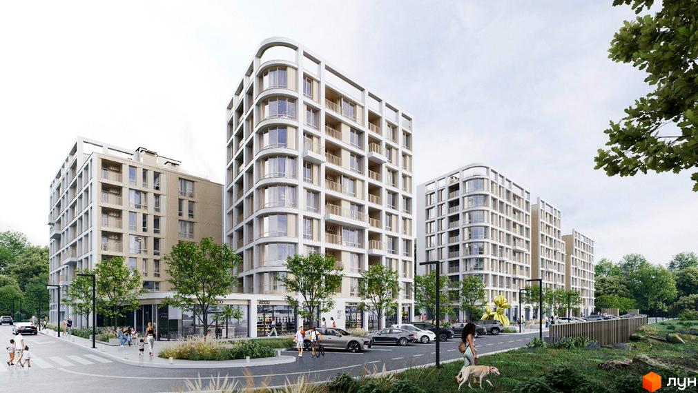 Житловий комплекс ШЕЛЕСТ: світлі багатоповерхові будинки з округлими фасадами та балконами. Навколо зелені насадження, дорога та пішохідні зони.