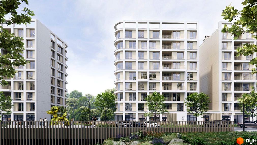 Високоповерховий будинок ЖК ШЕЛЕСТ з великими вікнами та балконами. На прибудинковій території зелені насадження та скульптури.