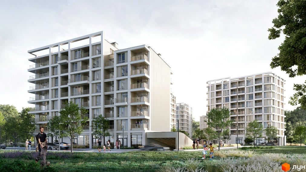Житловий комплекс ШЕЛЕСТ з сучасними фасадами та просторою прибудинковою територією з озелененням та місцями для відпочинку.