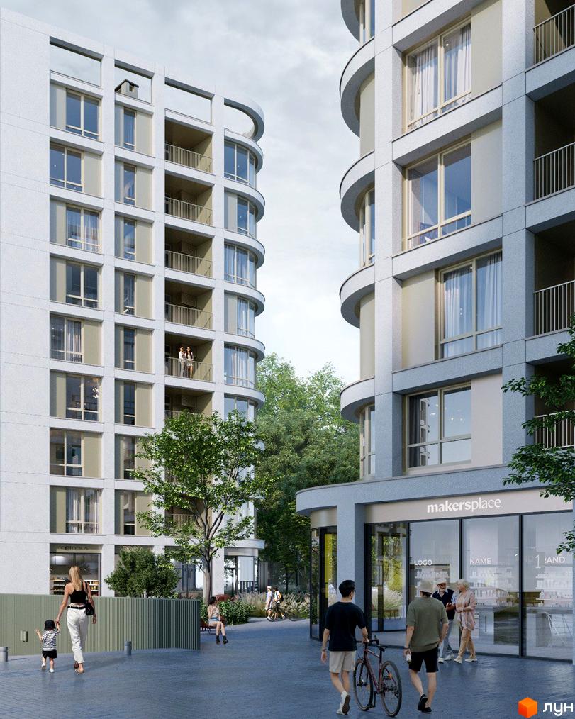 Житловий комплекс ШЕЛЕСТ: світлі будинки з вигнутими фасадами та балконами. На території є зелені зони та магазини.