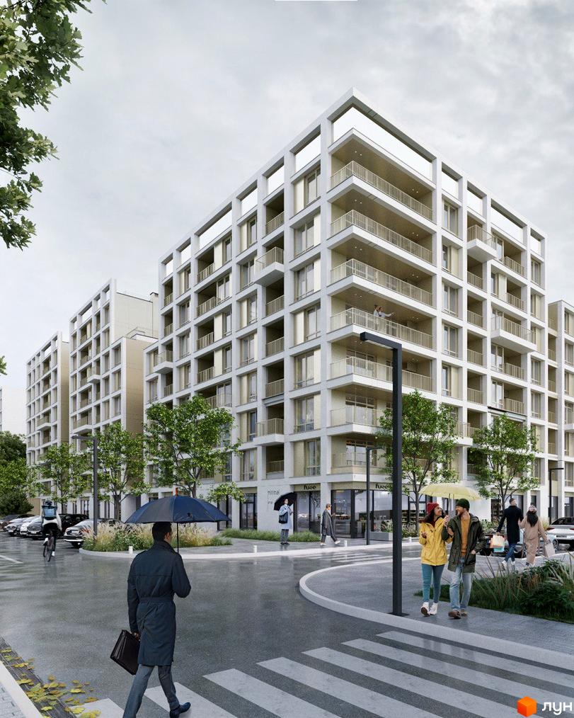 Житловий комплекс ШЕЛЕСТ має багатоповерхові будинки зі світлим фасадом, виразними прямокутними елементами та балконами. Прибудинкова територія включає мокру дорогу, пішохідний перехід та зелені насадження.