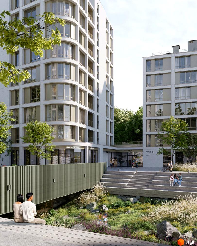 Житловий комплекс ШЕЛЕСТ з багатоповерховими будинками світлого кольору та великими вікнами. Навколо облаштована зелена територія з деревами, сходами та місцями для відпочинку.