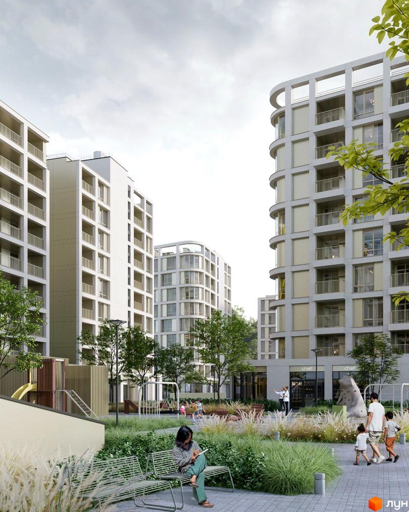 Житловий комплекс ШЕЛЕСТ: багатоповерхові будинки світлого кольору з балконами та великими вікнами. Прибудинкова територія має зелені насадження, дитячий майданчик та зони для відпочинку.