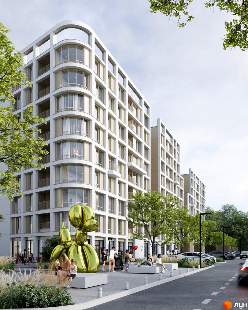 Житловий комплекс ШЕЛЕСТ: білі багатоповерхові будинки з округлими фасадами. Прибудинкова територія з зеленими насадженнями та скульптурою.