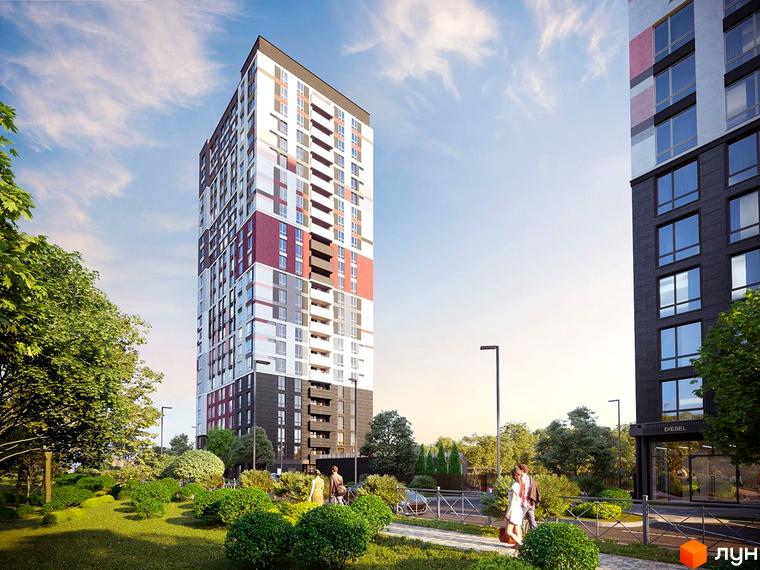 Зовнішній вигляд багатоповерхового будинку ЖК Синергія Київ з різнокольоровими фасадами та прибудинковою територією з деревами та кущами.