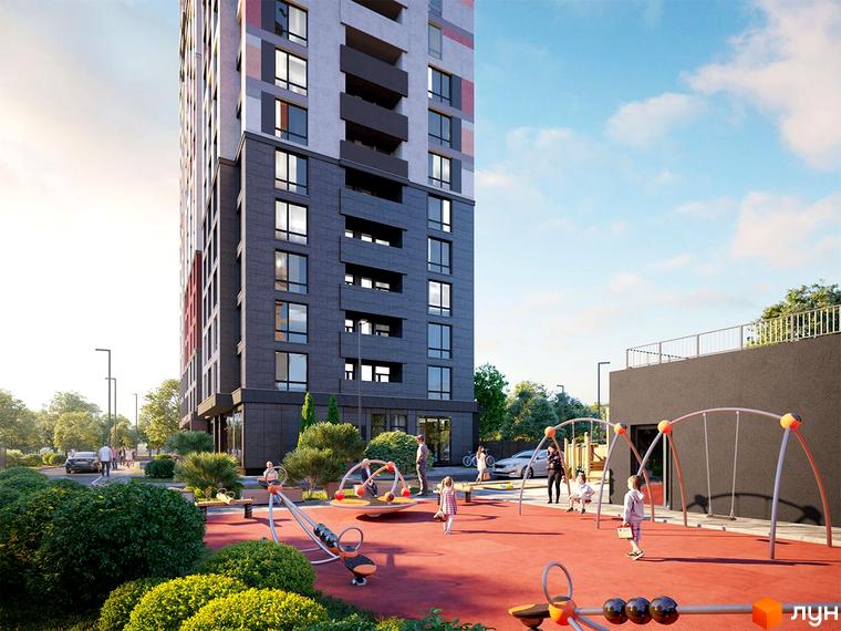 Житловий комплекс Синергія Київ з дитячим майданчиком та зонами відпочинку. Сучасна архітектура новобудови та доглянута прибудинкова територія.