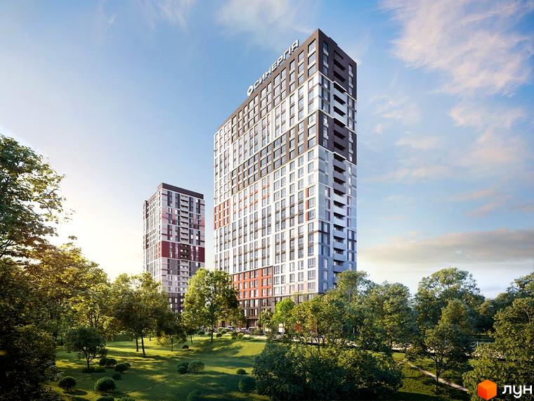 Новобудова ЖК Синергія у Києві з багатою зеленою прибудинковою територією. Зовнішній вигляд будинку характеризується сучасним дизайном та різноманіттям кольорових рішень.