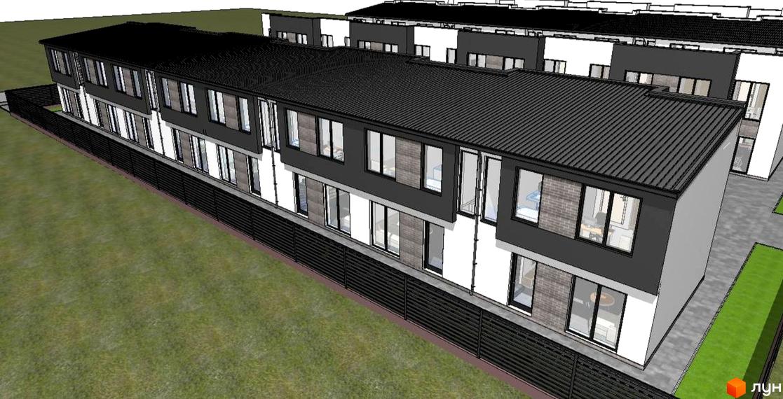 Таунхауси SDG BILOHORODKA 2 з двоповерховими будинками, темними дахами та світлими фасадами. Прибудинкова територія має зелені газони та огорожу.