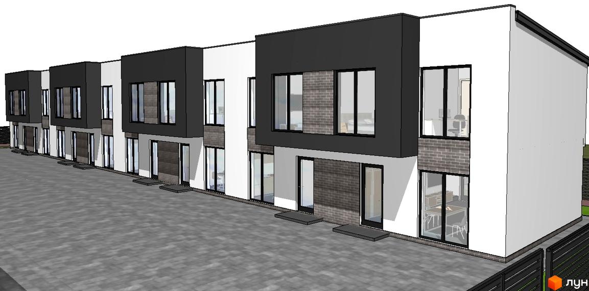 Зображення житлового комплексу SDG BILOHORODKA 2. Ряд двоповерхових будинків з темними дахами та великими вікнами. Перед будинками сіра бруківка.