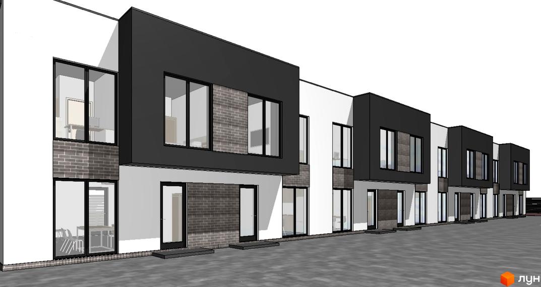 Зображення фасаду таунхаусів SDG BILOHORODKA 2. Будинки з темними дахами та світлими стінами, великі вікна. Перед будинками асфальтована територія.