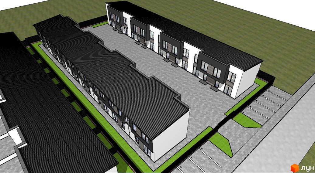 Зображення сторінки житлового комплексу Таунхауси SDG BILOHORODKA 2. Двоповерхові будинки з темними дахами та світлими фасадами, поруч парковка та зелені газони.