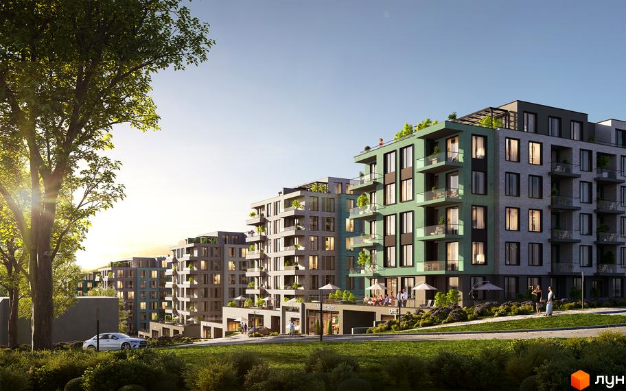 Житловий комплекс DREAM HILLS з фасадами зеленого та сірого кольору, балконами та терасами. Навколо комплексу зелена зона з деревами та доглянутими кущами.