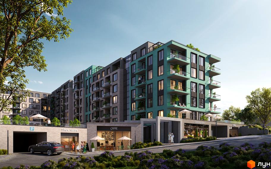 Зовнішній вигляд житлового комплексу DREAM HILLS з фасадами бірюзового та сірого кольору, балконами та комерційними приміщеннями на першому поверсі. Прибудинкова територія з паркінгом та зеленими насадженнями.