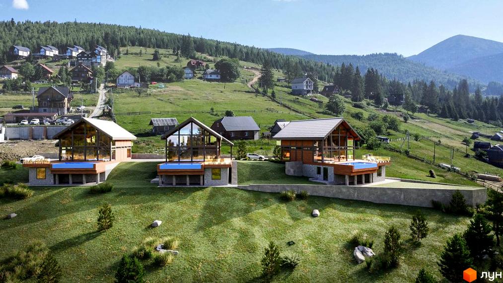 Котеджне містечко Шале Вище Неба: будинки з панорамними вікнами та басейнами на терасах, розташовані на зеленому схилі з видом на гори.