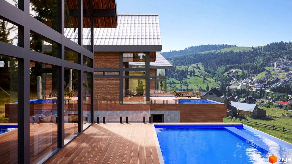 Котеджне містечко Шале Вище Неба: будинок з панорамними вікнами та басейном, розташований серед гірського пейзажу з краєвидом на місто.