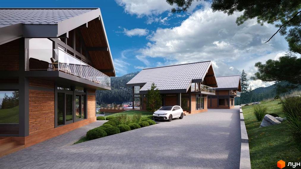 Котеджне містечко Шале Вище Неба: будинки з дерев'яними фасадами, сірими дахами та скляними балконами. Прибудинкова територія з бруківкою та зеленими насадженнями.