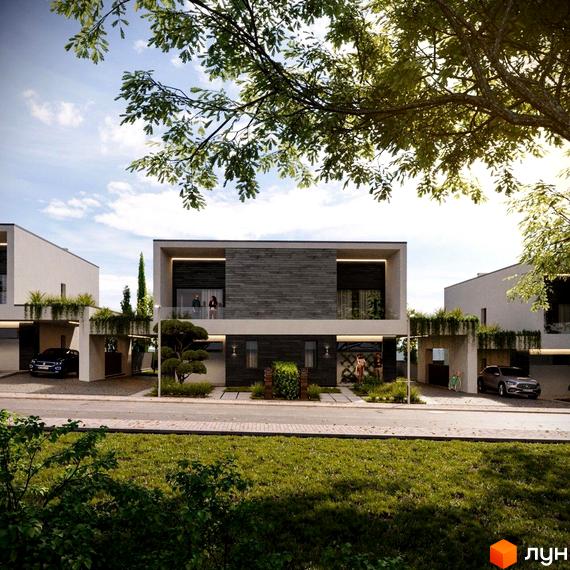 Котеджне містечко Company Village: фасади будинків виконані у світлих та темних тонах, з балконами. Прибубудинкова територія озеленена, з доріжками та парковками.