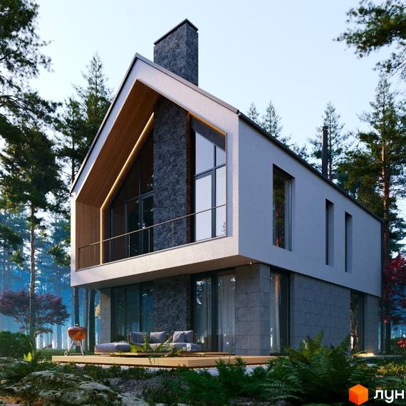 Котеджне містечко Green Village. Двоповерховий будинок з гострим дахом, світлими стінами та кам'яним облицюванням, розташований серед соснового лісу з терасою.