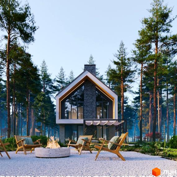 Будинок Котеджного містечка Green Village з великими вікнами та кам'яним фасадом серед сосен. На прибудинковій території білий гравій, вогнище та крісла для відпочинку.