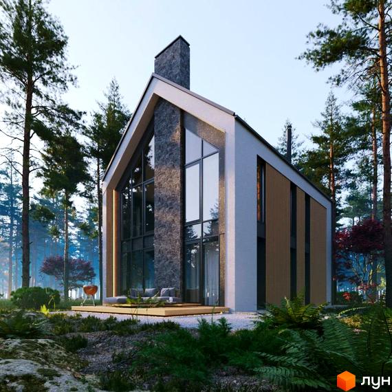 Котеджне містечко Green Village: будинок з високими скляними вікнами та кам'яним оздобленням фасаду, оточений хвойним лісом та зеленою рослинністю, з терасою.