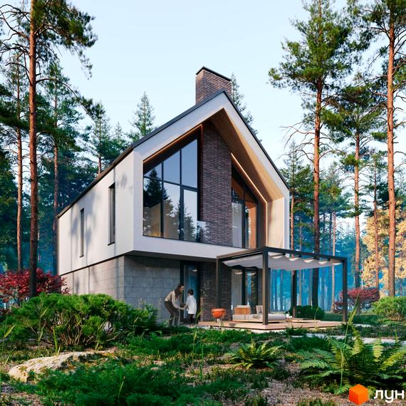 Будинок з панорамними вікнами та цегляною вставкою, розташований серед лісу. На території зелені насадження та тераса з перголою. КМ Green Village.