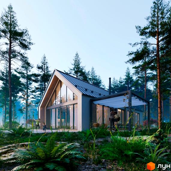 Котеджне містечко Green Village: Одноповерховий будинок з великими панорамними вікнами, темним скатним дахом та перголою, оточений сосновим лісом.