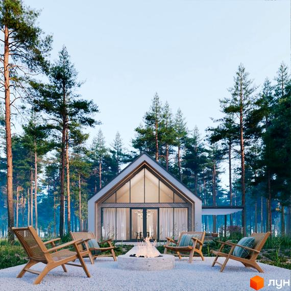 Котеджне містечко Green Village: Будинок з великими вікнами та гострим дахом серед соснового лісу, перед ним зона відпочинку з вогнищем та кріслами.