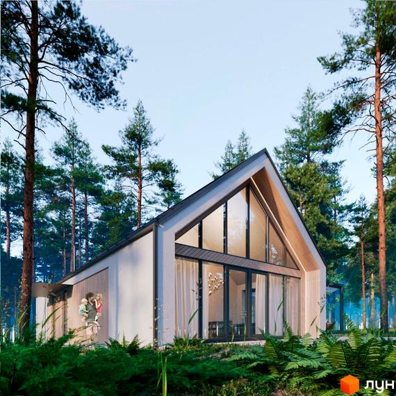 Одноповерховий будинок з панорамними вікнами в оточенні лісу. Біля будинку зелені насадження, що створюють атмосферу спокою та гармонії.