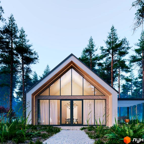 Будинок Котеджного містечка Green Village з панорамними вікнами та гострим дахом. Навколо сосновий ліс та зелені насадження з доріжкою.
