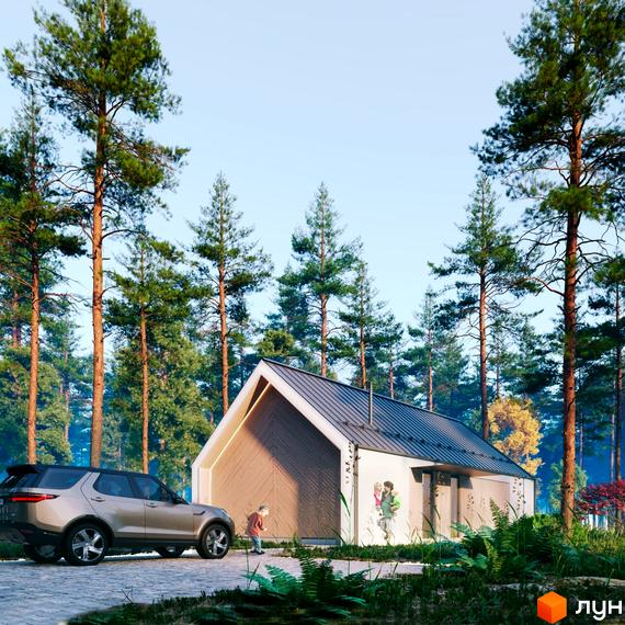 Котеджне містечко Green Village. Одноповерховий будинок з дерев'яним фасадом та металевим дахом. На подвір'ї ростуть дерева та стоїть автомобіль.