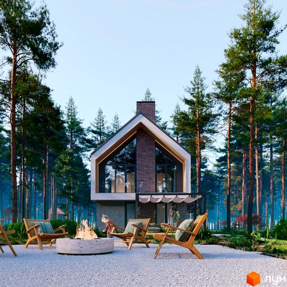 Котеджне містечко Green Village: двоповерховий будинок з панорамними вікнами серед лісу, зона відпочинку з вогнищем та кріслами.