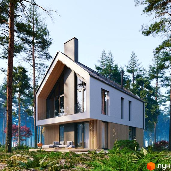 Будинок Котеджного містечка Green Village з панорамними вікнами та дерев'яним фасадом. Оточений сосновим лісом та зеленою територією з терасою.