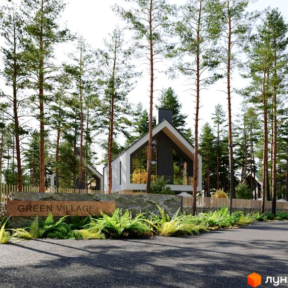 Білий котедж з великими вікнами та темним дахом, оточений високими соснами та зеленою рослинністю на території Котеджного містечка Green Village.