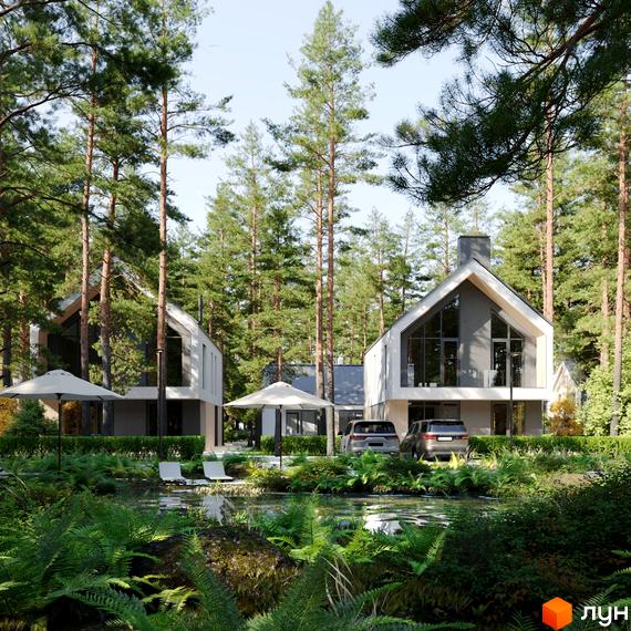 Зображення житлового комплексу КМ Green Village. Двоповерхові будинки з панорамними вікнами, терасами та паркуванням, розташовані серед лісу, біля водойми.