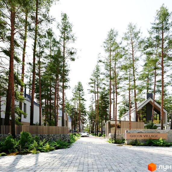 Котеджне містечко Green Village: білі будинки з темними дахами та великими вікнами. Територія з високими соснами, брукованою дорогою та зеленими насадженнями.